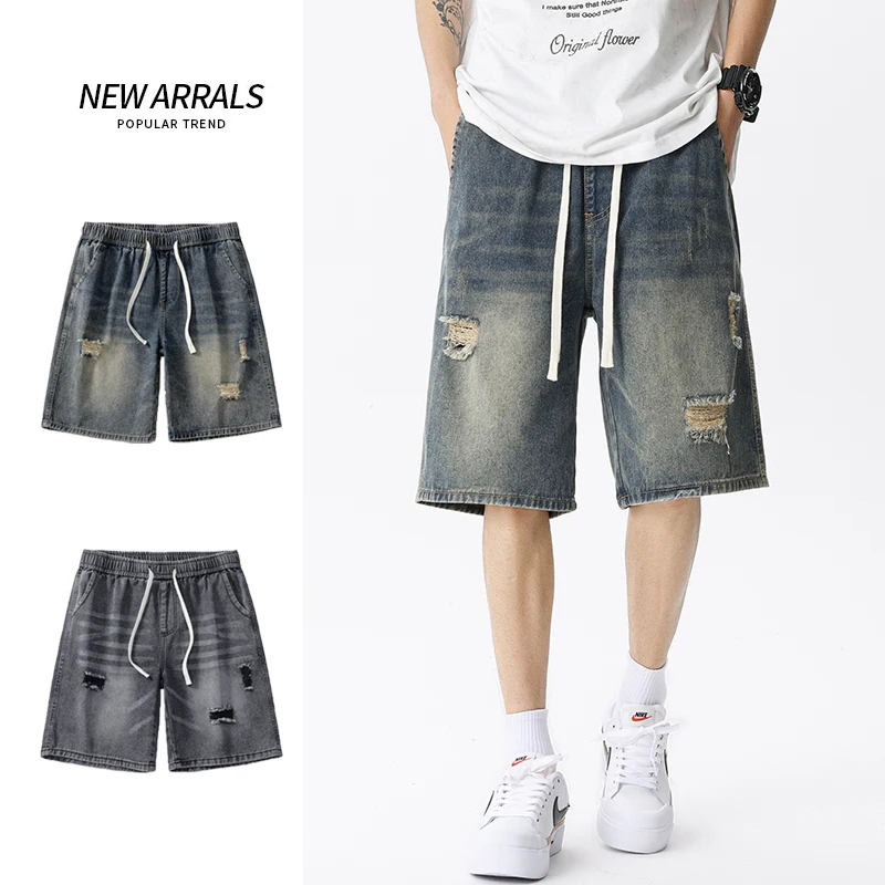 Men Fashion Jeans - جينز رجالي قصير ممزق من الدنيم