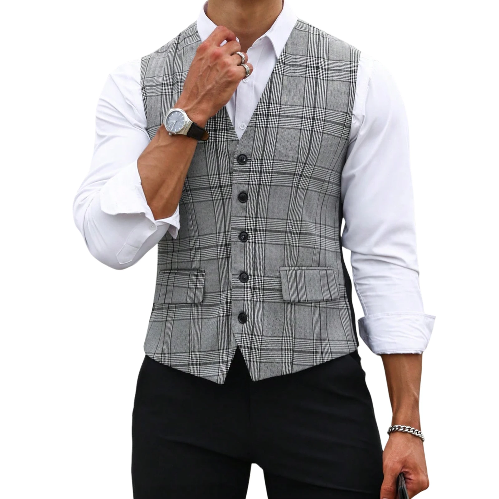 Formal Waistcoat Vest - صدرية بدلة رجالية رمادية كاروهات بقصة